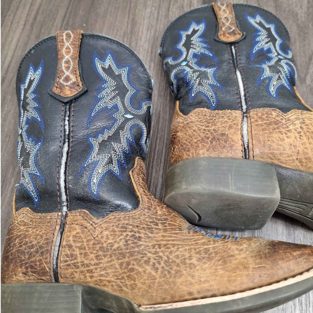 Ariat Toddler 11 Brown Leather Square Toe Western Cowboy Boots Black Blue Stitch - Picture 6 of 9